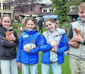 Der Jungzüchternachwuchs präsentiert mit zwei Freundinnen Kaninchen der Rassen Sachsengold und Farbenzwerg Rhön: Aurelia Baumann, Malin Hunziker, Viola und Nicola Rauchenstein (v.l.) (Bilder: aw.)