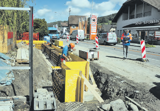 Gegen Strassenlärm: Baubeginn im Jahr 2015, jetzt kurz vor dem Abschluss die Strassenlärmsanierung in Reinach. Hier an der Aarauerstrasse werden die letzten 21 Meter Lärmschutzwand gebaut. (Bild: Martin Sommerhalder)