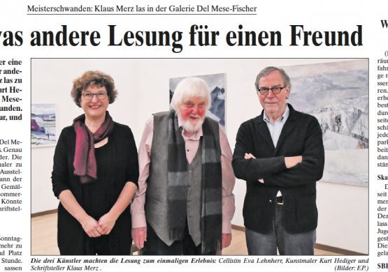 Die drei Künstler machten die Lesung zum einmaligen Erlebnis: Cellistin Eva Lehnherr, Kunstmaler Kurt Hediger und Schriftsteller Klaus Merz . (Bilde: Zeitungsausschnitt/EP.)