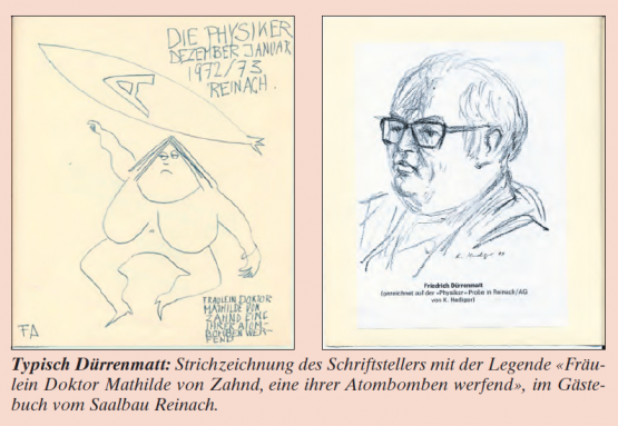 Typisch Dürrenmatt: Strichzeichnung des Schriftstellers mit der Legende «Fräulein Doktor Mathilde von Zahnd, eine ihrer Atombomben werfend», im Gästebuch vom Saalbau Reinach. (WB)
