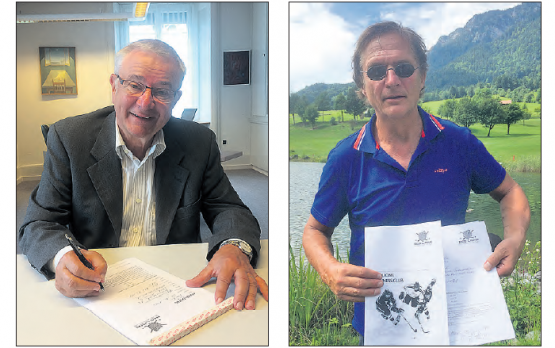 Identifizieren sich beide als Mitglieder des Business Clubs mit dem 1.-Liga- Eishockeyteam Red Lions Reinach: Der mit Abstand erfolgreichste NLA-Trainer Arno Del Curto und Gemeindeammann Martin Heiz. (Bilder: zVg.)