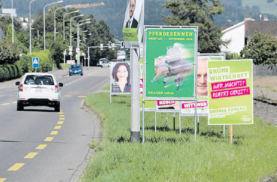 «Wir sind relativ grosszügig in der Auslegung»: Die Gemeinde Suhr toleriert, dass an dieser Strasse 11 von 13 Plakaten zu nahe am Strassenrand stehen. (Bilder: rc.)
