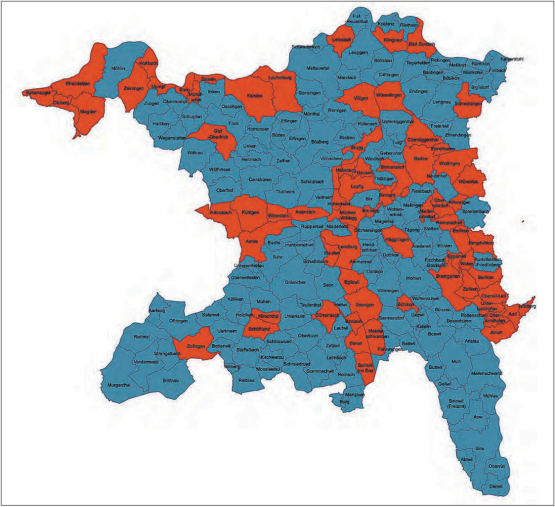 Finanzausgleich im Kanton Aargau: Abgabeflichtige Gmeinden in Rot, beitragsberechtigte Gemeinden in Blau. (Bild: Kanton Aargau, AGIS)