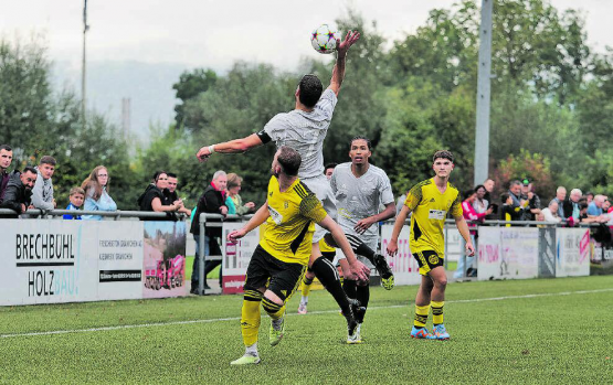Luftkampf mit unlauteren Mitteln: Die Gränicher Omer Jasari (l.) und Ermal Morina beobachten die Handballeinlage eines Bremgarten-Spielers. (Bild: Roland Jaus)