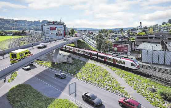 Neue Überführung Bernstrasse Ost B-178 über die NK241 sowie über die Bahnlinien der SBB und der AVA, Sicht Richtung Suhr, Gränichen. (Bild: Kanton Aargau)