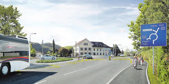 Visualisierung Herberge-Kreisel Teufenthal: Das Projekt umfasste einen Betonkreisel und eine neue Bushaltestelle beim ehemaligen Postgebäude. Die Bauarbeiten sollen im Januar/Februar 2019 beginnen und im Sommer 2020 abgeschlossen sein. (Bild: zVg.)