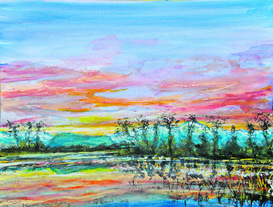 Frühmorgens am Baldeggersee 2020 … im SeetalAquarell u Mt 50x60cm a Pa, 2023. Gemäldebild und Text von Alberto Romer, Beinwil am See