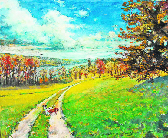 Biendlihuusweg Gumen Böju – zum Hallwilersee hinunter. Aquarell u Mt 50x60cm a PaLw 2022, Gemäldebild und Text von Alberto Romer, Beinwil am See.