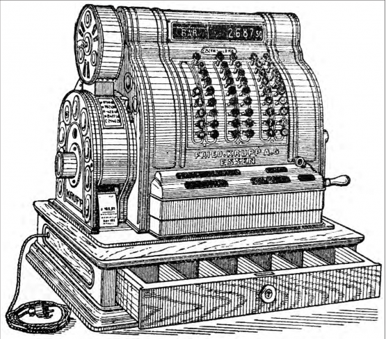 Ein Stück Geschichte, das Erinnerungen weckt: Eine Illustration aus Meyers Lexikon (Ausgabe 1927) mit einer alten Registrierkasse der Firma Krupp. (Bild: zVg.)