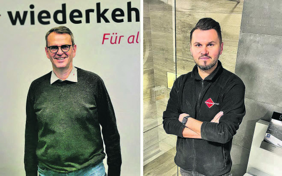 Grenzübergreifendes Netzwerk im Su(h)rental: Roland Wiederkehr, Inhaber seines Elektrogeschäfts in Kirchleerau (l.) und Marko Milicevic, Inhaber der Firma Plattenleger Team Triengen machen den Anfang. (Bilder: zVg.)