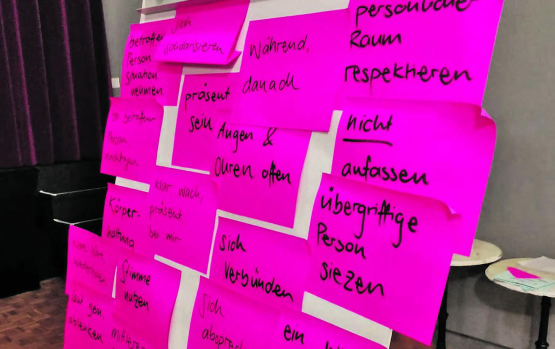 Brainstorming: Was kann man tun, wenn ein anderer Fahrgast im Zug unflätig wird? Wie soll man sich im Falle einer Intervention verhalten, damit es nicht dennoch zur Eskalation kommt? Im Workshop wurden Ideen gesammelt. (Bild:zVg)