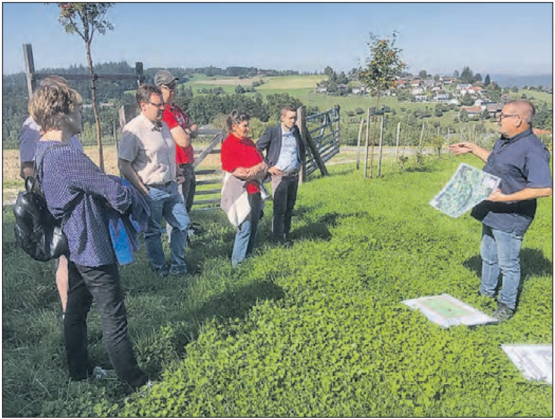 Interessante Ausführungen eines Fachmanns: Hermann Graser (re.) führte die EVP-Schar durch das Wildobstarboretum und die nationale Hochstammsammlung in Dürrenäsch. (Bild: zVg.)