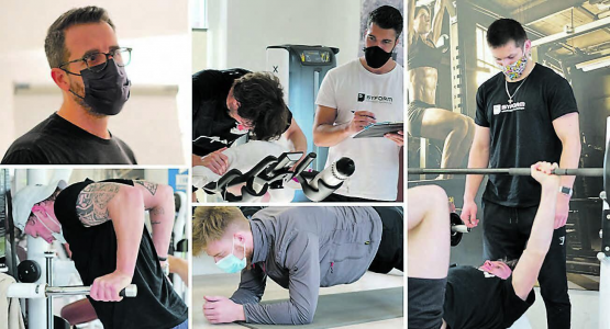 Tag der Wahrheit für die Spieler der Red Lions: Naturarzt Mirko Cortese (oben links) beobachtet die Spieler der Red Lions beim Leistungstest und lotet die Bedürfnisse aus. (Bilder: zVg.)