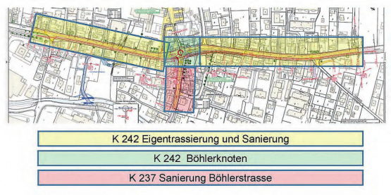 Das Sanierungsprojekt Unterkulm wurde in drei einzelne Teile gebrochen: Die Sanierung Böhlerstrasse (rot) wird als eigenständiges Projekt weiterbearbeitet. Die WSB-Eigentrassierung Abschnitte Nord und Süd (gelb) wird weiterverfolgt. Für die Knotenform Böhler (grün) werden vier Varianten geprüft. (Bild: WB-Archiv)