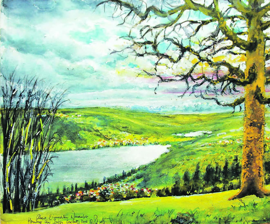 Abend. Einnachten im Dezember vom Homberg ins Seetal
Text und Bild Aquarell m Mt 50x60cm a PaLw 2019 von Alberto Romer, Beinwil am See.