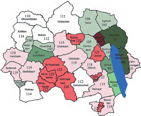 Die Gemeinden und ihre Steuerfüsse im Erscheinungsgebiet des Wynentaler Blattes. (Grafiken: mars.)