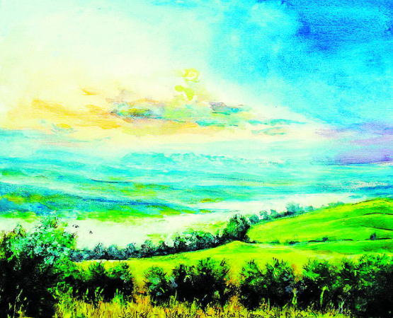 Nebelmeer … in aargauischer Landschaft wie Seetal Aquarell u Mt 50x60cm a Pa, 2024 Gemäldebild und Text von Alberto Romer, Beinwil am See