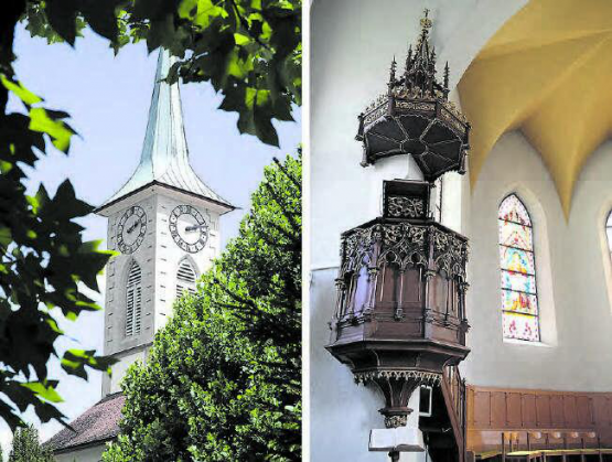 Am Kirchenturm in Menziken konnte der exakte Zeitpunkt des Blitzeinschlags abgelesen werden. Kanzelkorb und Schalldeckel sorgen dafür, dass die Predigt auch ohne Mikrofon gut hörbar ist. (Bild: BvN.)