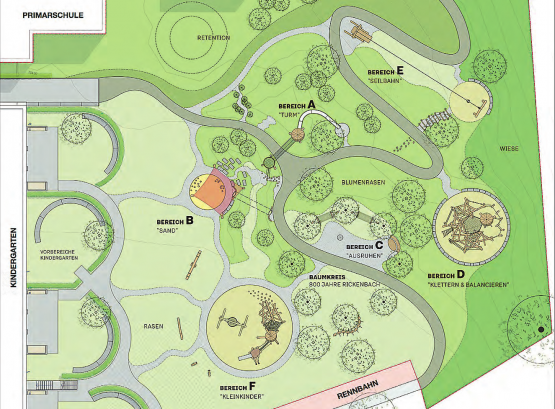 Bereits im Bau: Planausschnitt des neuen Spielplatzes hinter dem ebenfalls neuen Kindergarten. (Bild: zVg.)