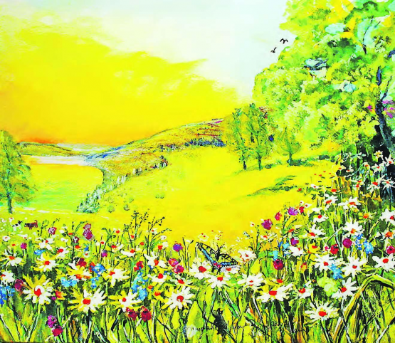 Sommerakkord über Böju am Hallwilersee Aquarell m Mt a PaLw 50x60cm 2020. Text und Bild von Alberto Romer, Beinwil am See.