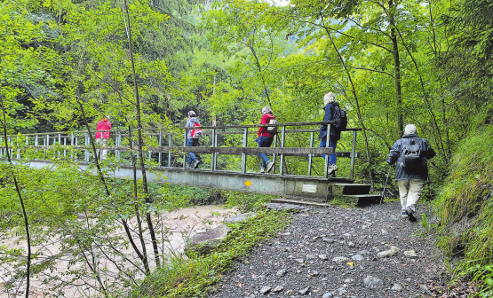 Die Wandergruppe überquerte die Brücke, wo unter ihnen das tosende Wasser der Melchaa durchströmte. (Bild: zVg.)