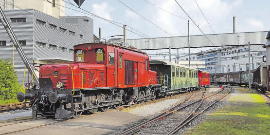 Vor seinem Heimatdepot, der Remise in Hochdorf: Das legendäre Seetalkrokodil mit zwei Personenwagen. (Bilder: zVg.)