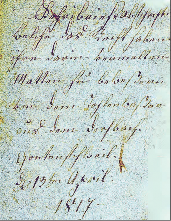 Aussenseite des Dokuments: «Kehrbriefabschrift, welche das Recht haben ihre darin vermelten Matten zu bewesseren von dem Tohlenwasser aus dem Dorfbach Gontenschwil, den 13ten April 1817». (Bild: zVg.)