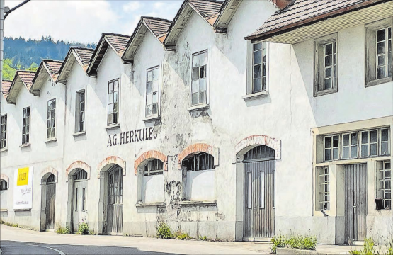 Liegenschaft Herkules in Menziken: Anstelle der Fabrikgebäude sollen fünf Wohnhäuser mit 60 Wohnungen entstehen. Dieses Gebäude mit den markanten Satteldächern soll allerdings bestehen bleiben. (Bild: mars.)