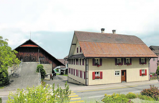 Hier soll das Ärztehaus bis 2022 entstehen: Die Liegenschaft an der Dorfstrasse 6 von Hans und Emmi Wey-Estermann befindet sich vis-à-vis des Pfarrgartens. (Bild: Ursula Koch-Egli)