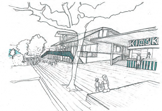 Erneuerungsbau Arbeiterstrandbad Tennwil: Ab Herbst 2018 sollen ein neuer Kiosk-Eingangbereich und eine erweiterte Terrasse «Piazza» entstehen. (Studie: zVg.)