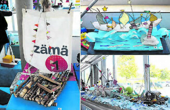Das Siegerprojekt und weitere originelle Arbeiten: «zämä1» vom Team Werkstätten WS 1 (grosses Bild) wurde zum Sieger erkoren, «Luce» vom Team Pädagogische Therapien (oben) und «Twister» vom Team Hauswirtschaft. (Bild: zVg.)