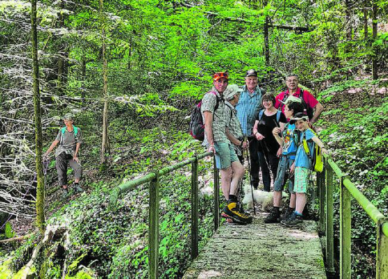 Die Gruppe auf der Brücke über den Sagenbach (Gontenschwiler Dorfbach) im Schwarzenberg. (Bild: zVg.)