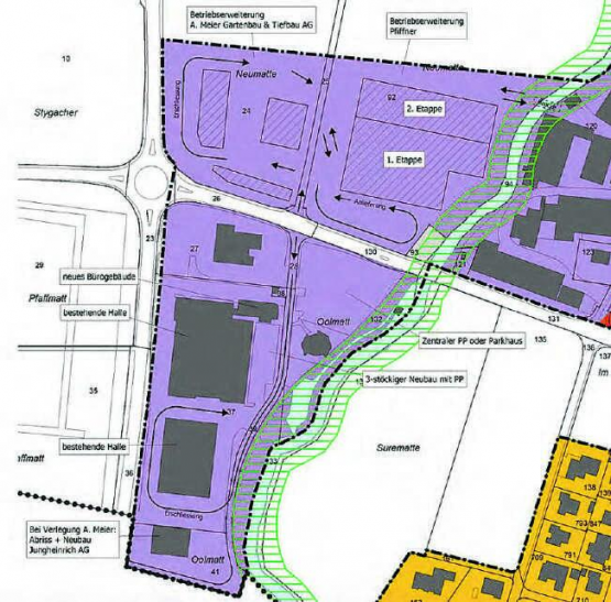 Die Grossrats-Kommission ist nicht einstimmig dafür: Das Gebiet nördlich der Holzikerstrasse soll industriell erschlossen werden können. (Bild: zVg.)