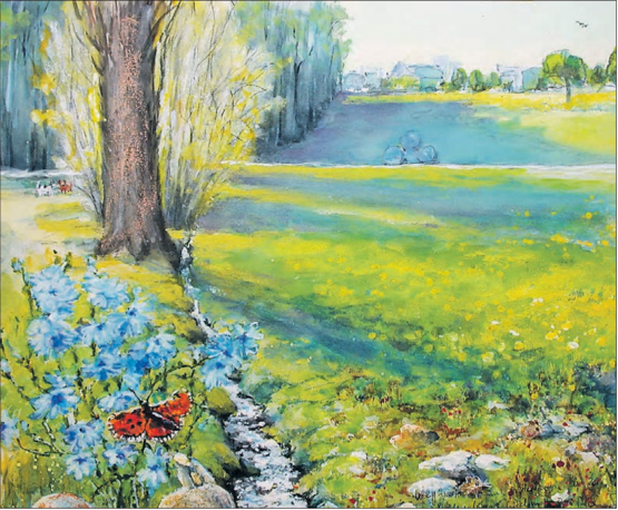 Text und Bild Aquarell und Mischtechnik 50x60cm 2018. Wegwarte am Eggelerbach Böju 2015 neben Lochhalde und Chilchmatt von Alberto Romer, Beinwil am See.