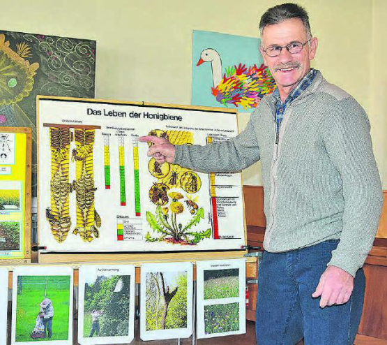 Mit Humor bereichert: Hansruedi Maurer, ein Imker aus Leidenschaft, vermittelte im Kirchgemeindehaus Rued tiefen Einblick in die Welt der Bienen. (Bild: st.)