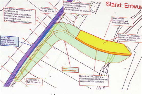 Bis zur Vollendung der Massnahmen im Jahr 2026 soll sich das Wasser bitte noch zurückhalten: Der Entwurf zum Rückhaltebecken gibt einen Überblick über die baulichen Massnahmen. (Bilder: aw.)