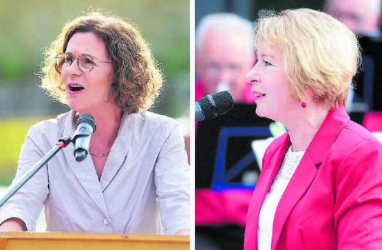 Ans Rednerpult stellten sich zwei Rednerinnen: Links Sabina Freiermuth, Parteipräsidentin der FDP Aargau, rechts Gemeinderätin Renate Egli aus Kirchleerau.