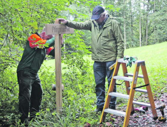Handarbeit war gefragt: Die Böjuer Ortsbürger stellten im ganzen Waldgebiet neue «Beschilderungen» auf. Woher die Flurnamen kommen, das wollen die Ortsbürger als nächstes zusammentragen. (Bilder: Peter Eichenberger)