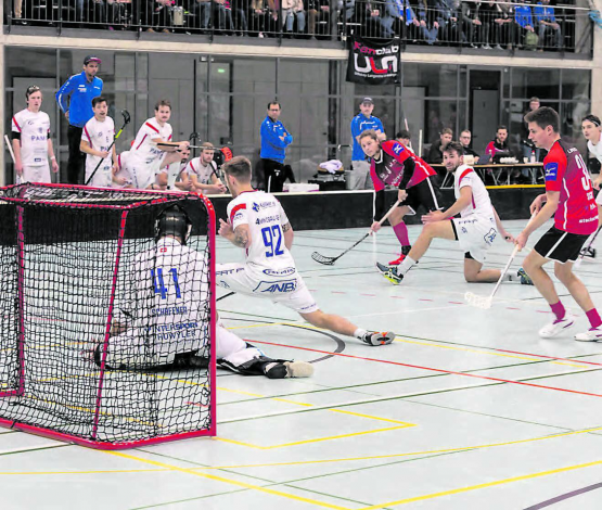 Die Abwehr hielt mehrheitlich dicht: Fabian Moser (Nr. 92) und Marcel Schaffner im Tor von Lok Reinach verrichten ihre Defensivarbeit. (Bild: Roland Wick)