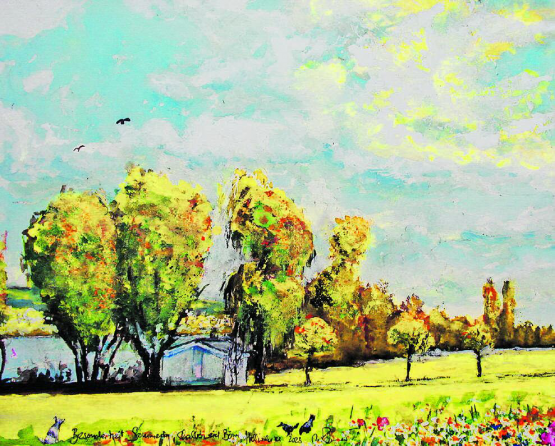 Besonderheit in der Landschaft – Chalberweid Böju Hallwilersee mit Otto-Hüsli Aquarell u Mt 50x60cm a Pa. Gemäldebild und Text von Alberto Romer, Beinwil am See.