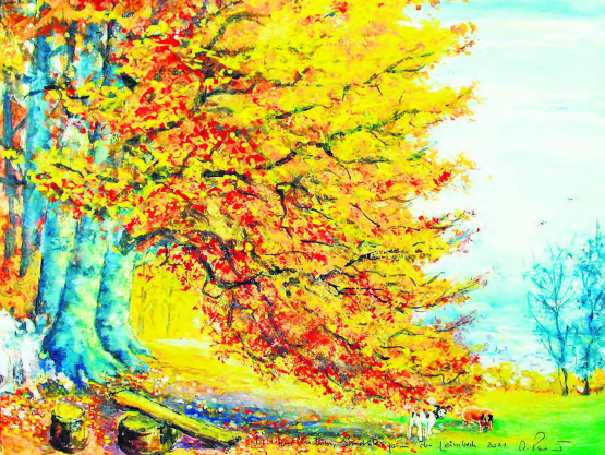 Grosses Buchen-Leuchten bei den Sandsteinfelsen über Leimbach.
Aquarell m Mt 50x60cm a Pa 2021. (Bild und Text von Alberto Romer, Beinwil am See)