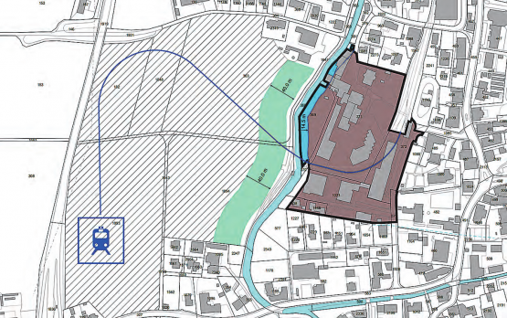 Zur Teiländerung der Nutzungsplanung: Das Mühleareal (dunkel) soll zur Zentrumszone werden, die Hegmatte (schraffiert) wird geschützt. Eine Bebauung mit WSB-Anlagen soll aber möglich bleiben. (Grafik: zVg.)