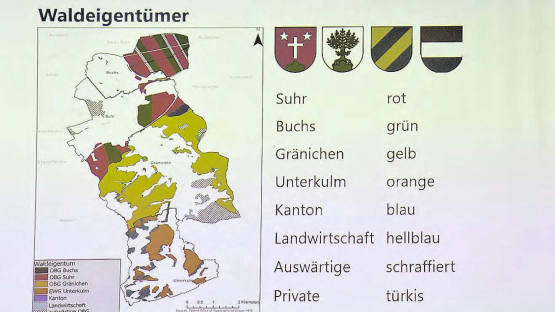 Gemeindevertrag Forstbetrieb Wyna-Suhre: Blick auf die Besitzverhältnisse des geplanten Forstbetriebs der Gemeinden Suhr, Buchs, Gränichen und Unterkulm, welcher der bzw. den Gemeindeversammlungen beantragt wurde. (Bild:mars.)