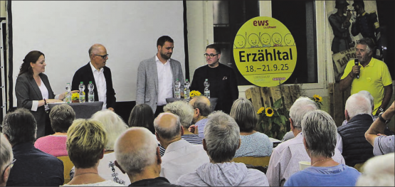 Wurden von Felix Matthias (rechts aussen) zur Podiumsdiskussion begrüsst: (v.l.n.r.) Laura Koller (AZ-Medien), Dieter Weber, Adrian Meier (Grossrat) und Peter Fischer (VR-Präsident Fischer Reinach AG). (Bilder: jaf.)