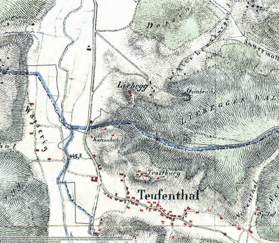 So verlief der Bach früher: Die Michaeliskarte aus dem Jahr 1840 zeigt den originalen Bachverlauf. (Bild: GIS Kanton Aargau)