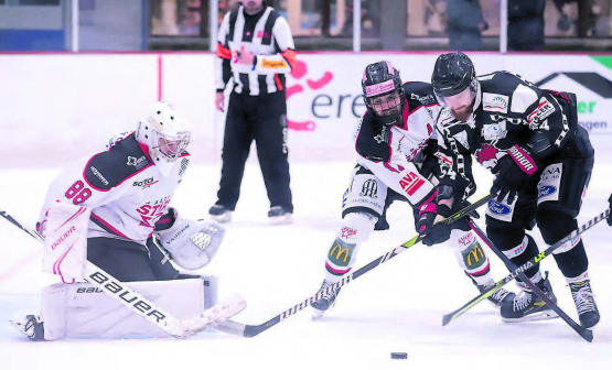 Entscheidung im Spiel gegen die Argovia Stars: Marco Vogt (r.), hier im Zweikampf mit Thomas Liechti, wird später den Puck zum 4:0 für die Red Lions Reinach an Torhüter Fabio Meier vorbeibringen. (Bilder: rc.)