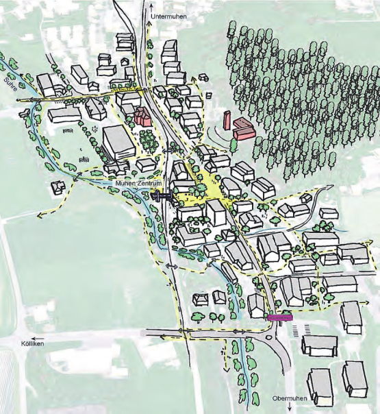 Die Umbaupläne für das Dorfzentrum Muhen bestehen noch mehrheitlich aus Zeichnungen. Nach dem dritten Workshop werden nun konkrete Massnahmen geplant und umgesetzt. (Grafik: zVg.)