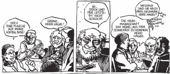 Im Wirtshaus zur Sonne in Dottikon: Die Anwesenden, der Wirt, sein Knecht und der Gemeindeammann, brauchen noch einen Mitspieler für den «Schieber», Bernhart Matter gibt sich als Metzger Hauri von Seon aus. (Bild: Matter-Comic, Reto Gloor, Markus Kirchhofer, Edition Moderne)