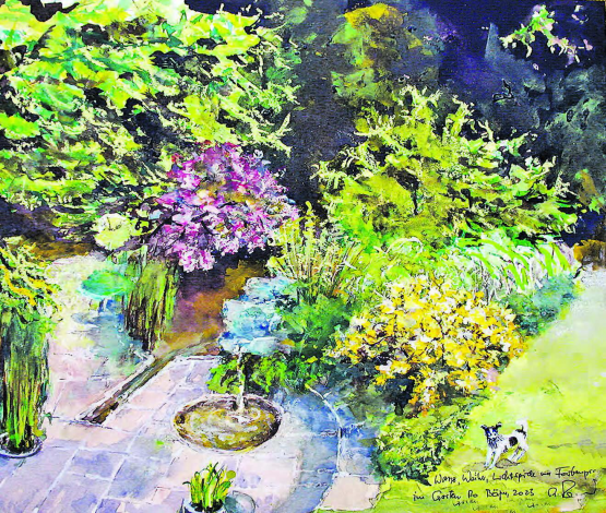 Frühlingserwachen im Garten Romer, Beinwil am See – Wasser, Weiher, Lichtspiele und Farbenpracht. Aquarell u Mt 50x60cm a Pa, 2023. Wasser. Gemäldebild und Text von Alberto Romer.