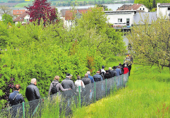 Dorfrundgang im Zeichen des blauen Dunstes: Die Teilnehmer machen sich auf den Weg Richtung Dorfzentrum. (Bilder: msu.)